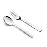 Sleek fork and spoon from Amigo cutlery set, displayed diagonally on a white background.